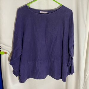Bryn Walker Purple Linen Tunic Top Scoop Neck Lagenlook Pearl Buttons Boho